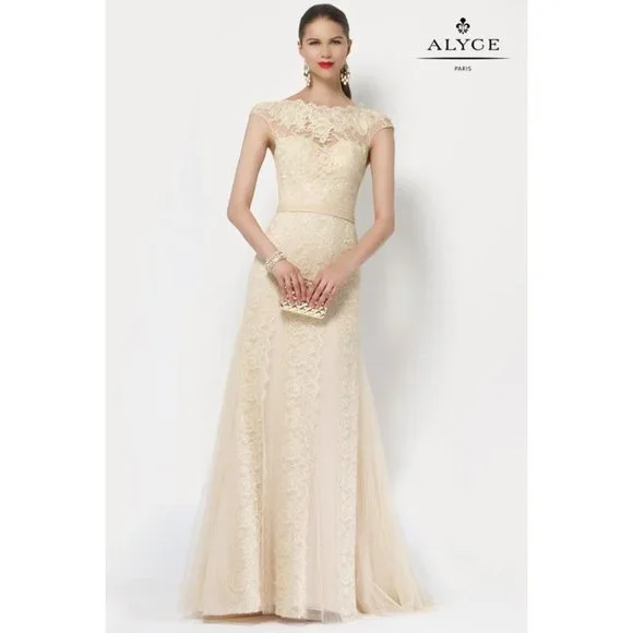 BLUSH Champagne Lace Rustic Wedding Dress, Cap Sleeve, Boat Neck Elegant Mother - Picture 2 of 15